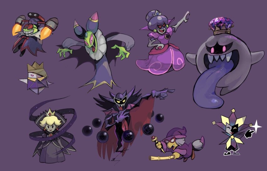 4girls 5boys :d ^_^ antasma arm_up blonde_hair broom broom_riding cackletta cape cloak closed_eyes closed_mouth clown clown_boy coke-bottle_glasses colored_skin colored_tongue commentary_request crown dimentio dress earrings elbow_gloves evil_smile fang fawful forehead_jewel gem ghost glasses gloves glowing glowing_eyes green_skin grey_hair grey_skin grin hair_over_one_eye hat highres holding holding_wand index_finger_raised jester jester_boy jetpack jewelry kammy_koopa king_boo king_olly long_sleeves long_tongue looking_at_viewer luigi&#039;s_mansion mario_&amp;_luigi:_bowser&#039;s_inside_story mario_&amp;_luigi:_dream_team mario_&amp;_luigi:_partners_in_time mario_&amp;_luigi:_superstar_saga mario_&amp;_luigi_rpg mario_(series) multiple_boys multiple_girls nintendo one_eye_covered opaque_glasses open_mouth paper_mario paper_mario:_the_origami_king paper_mario:_the_thousand_year_door pink_eyes princess_peach princess_shroob purple-framed_eyewear purple_background purple_cloak purple_dress purple_eyes purple_gemstone purple_gloves purple_headwear purple_robe purple_tongue rayman_limbs red-tinted_eyewear red_cape red_eyes rinabee_(rinabele0120) robe shadow_queen sharp_teeth short_hair short_sleeves simple_background smile sphere_earrings super_paper_mario teeth tinted_eyewear tongue tongue_out v-shaped_eyebrows wand witch_hat yellow_eyes