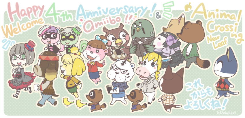 animal_crossing anniversary bird blathers_(animal_crossing) blue_background border brewster_(animal_crossing) cece_(animal_crossing) colton_(animal_crossing) english_text everyone finch grey_hair harvey_(animal_crossing) isabelle_(animal_crossing) japanese_text lottie_(animal_crossing) muffy_(animal_crossing) nintendo redd_(animal_crossing) rolf_(animal_crossing) rover_(animal_crossing) rudy_(animal_crossing) timmy_(animal_crossing) tom_nook_(animal_crossing) tommy_(animal_crossing) tsutsuji_(hello_x_2) viche_(animal_crossing) villager_(animal_crossing) walking white_border