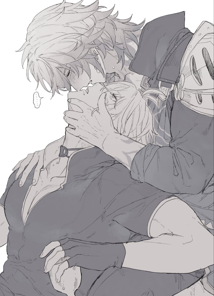 ... 2boys arm_tattoo armor black_choker black_coat black_gloves black_shirt blush choker coat commentary_request cup fingerless_gloves from_side gloves greyscale hand_on_another&#039;s_shoulder highres holding holding_cup honkai:_star_rail honkai_(series) imminent_kiss male_focus medium_hair monochrome multiple_boys mydei_(honkai:_star_rail) neck_tattoo pauldrons phainon_(honkai:_star_rail) profile ramuniku_ooo shirt short_sleeves shoulder_armor simple_background single_pauldron spoken_ellipsis sun_symbol sun_tattoo tan tattoo white_background yaoi