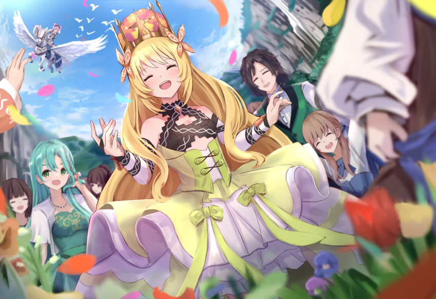 1boy 6+girls :d aqua_hair bare_shoulders bird blonde_hair bow braid brown_hair butterfly_hair_ornament celine_(fire_emblem) chloe_(fire_emblem) closed_eyes crown detached_sleeves dress dress_bow fire_emblem fire_emblem_engage flower green_bow green_eyes green_vest hair_flower hair_ornament highres hortensia_(fire_emblem) it_ai long_hair long_sleeves louis_(fire_emblem) multiple_girls nintendo open_mouth orange_bow pegasus petals shirt short_hair single_braid smile teeth upper_teeth_only very_long_hair vest white_shirt wrist_bow yellow_dress