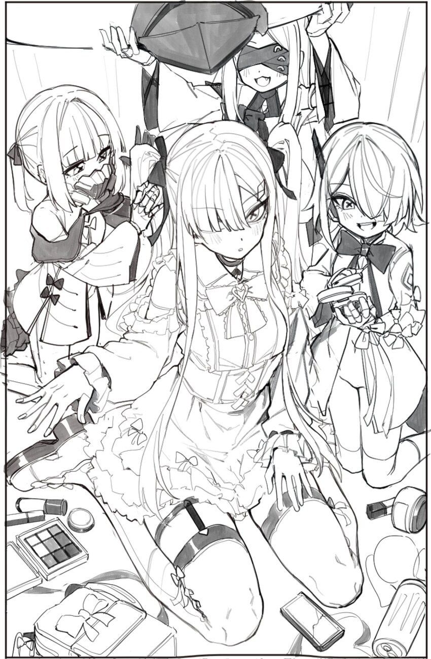 4girls alternate_hairstyle applying_makeup backpack bag black_mask black_tail blindfold blue_archive blush coat colored_skin commentary convenient_headwear covered_eyes dress ein_(blue_archive) extra_pupils hair_over_one_eye highres kneeling kokukyukeo large_hat makeover malkuth_(blue_archive) mask mechanical_hands mechanical_tail monster_energy multiple_girls off-shoulder_coat off_shoulder ohr_(blue_archive) respirator siblings sisters sitting sketch smile sof_(blue_archive) symbol-shaped_pupils tail twintails unfinished wariza white_skin x-shaped_pupils