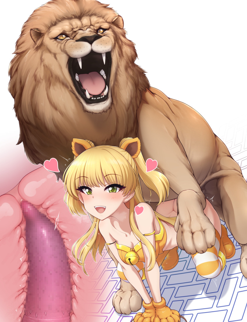 1girl akai_(riaakai) animal_hands animal_penis ass bell bestiality blonde_hair blush bottomless censored commission cross-section deep_penetration gloves green_eyes highres idolmaster idolmaster_cinderella_girls jingle_bell jougasaki_rika lion long_hair mosaic_censoring open_mouth paid_reward_available paw_gloves penis simple_background skeb_commission solo striped_clothes striped_thighhighs teeth thighhighs twintails upper_teeth_only white_background yellow_stripes