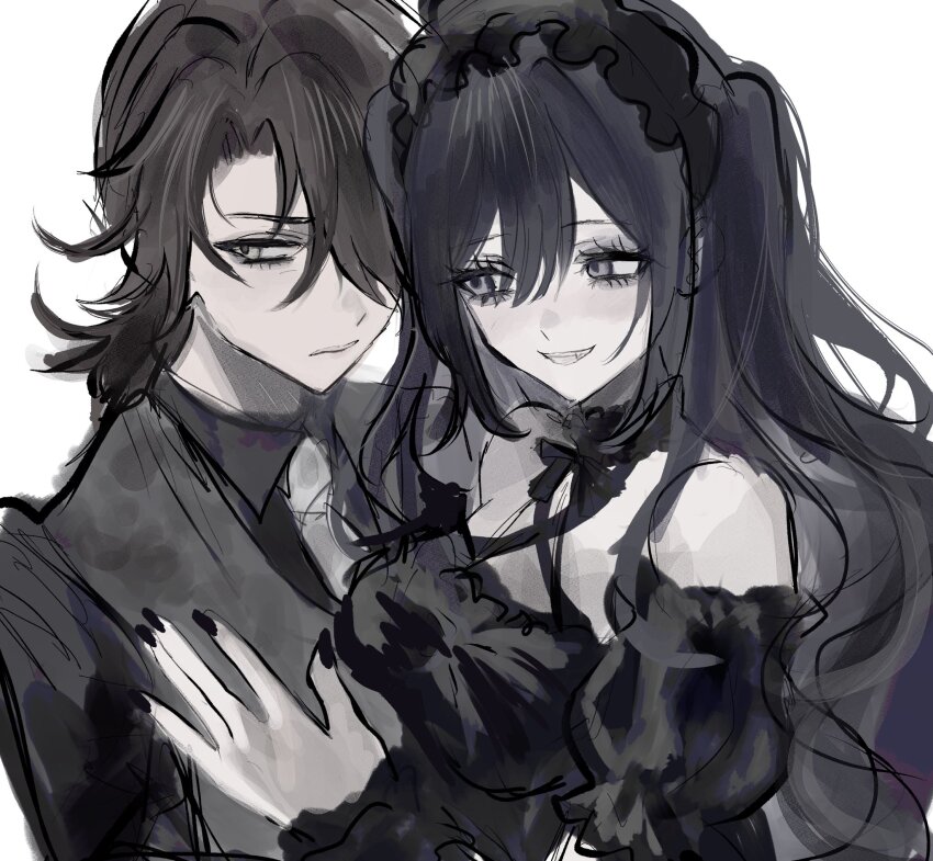1boy 1girl akai_ringo_(eveyuno) black_dress black_hair bow breasts brown_hair carrying choker dress expressionless flower grey_shirt hair_bow highres holding looking_at_another necktie non-web_source original princess_carry purple_hair shirt simple_background smile white_background white_necktie yellow_eyes