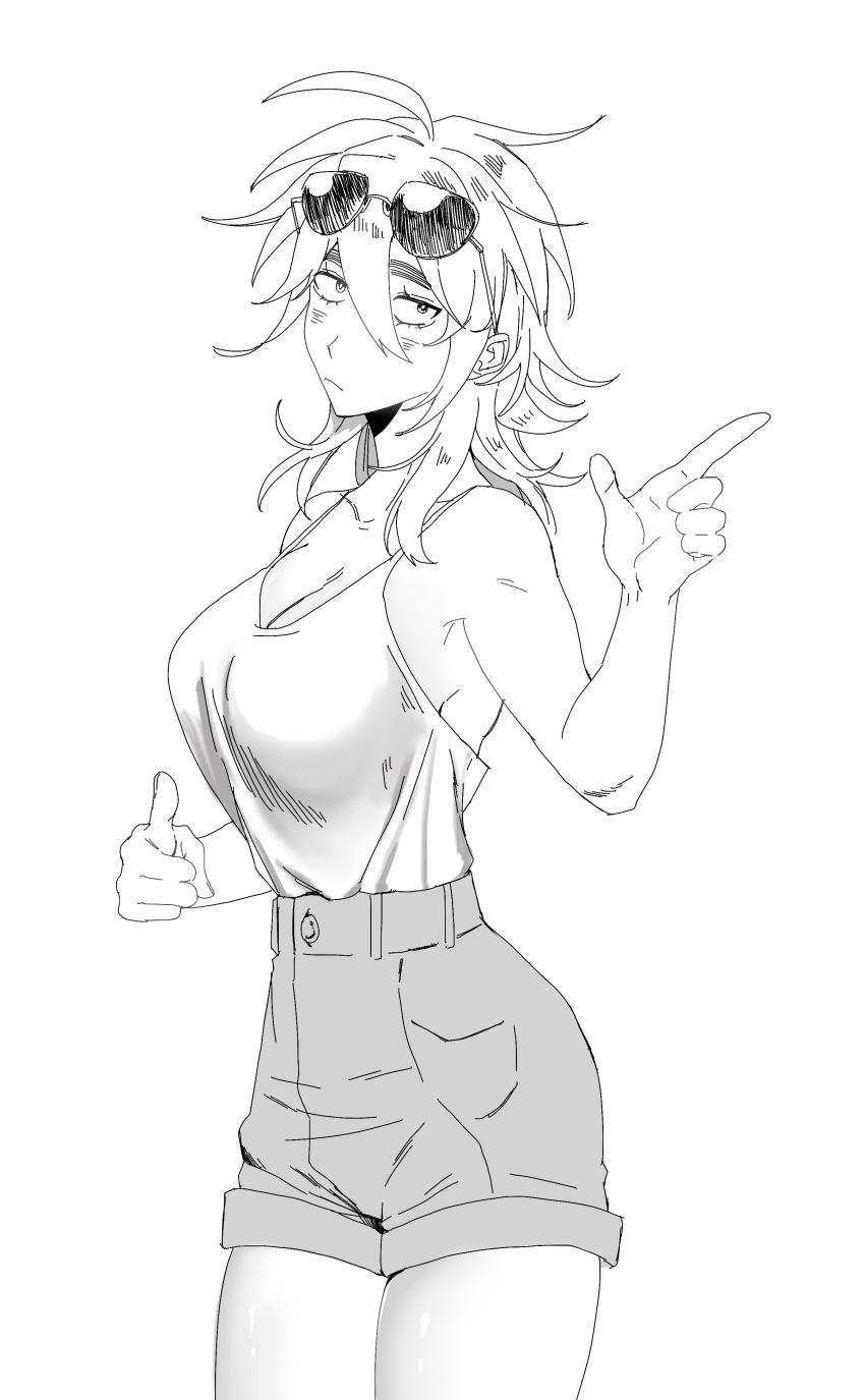 1girl absurdres breasts camisole chinese_commentary cleavage closed_mouth commentary_request cowboy_shot eyelashes eyewear_on_head genderswap genderswap_(mtf) greyscale hair_between_eyes high-waist_shorts highres isoi_reiji large_breasts long_bangs long_hair monochrome mrkkaochang saibou_shinkyoku sanpaku shorts simple_background solo sunglasses white_background
