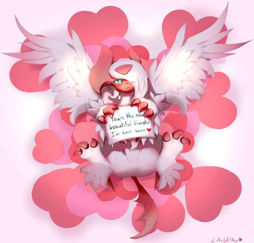 absol absurdres alternate_color blush bright_pupils claws english_text feathered_wings gen_3_pokemon green_eyes heart highres likey looking_at_viewer lying mega_absol mega_pokemon nintendo no_humans on_back one_eye_covered pokemon pokemon_(creature) shiny_pokemon signature solo white_fur white_pupils white_wings wings