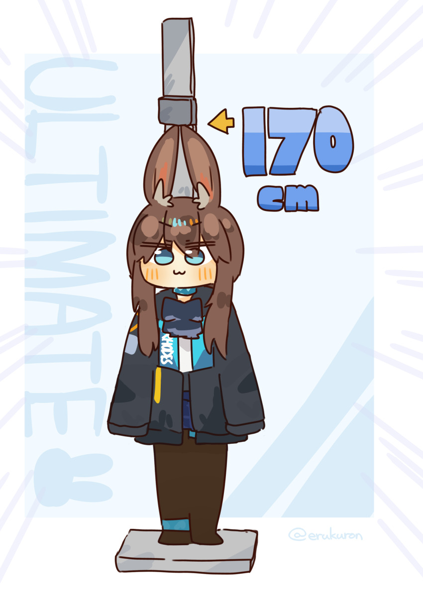 1girl :3 absurdres amiya_(arknights) animal_ears arknights black_jacket blue_eyes brown_hair cheating_(competitive) chibi english_text height height_mark highres jacket lcron looking_at_viewer rabbit_ears solo standing