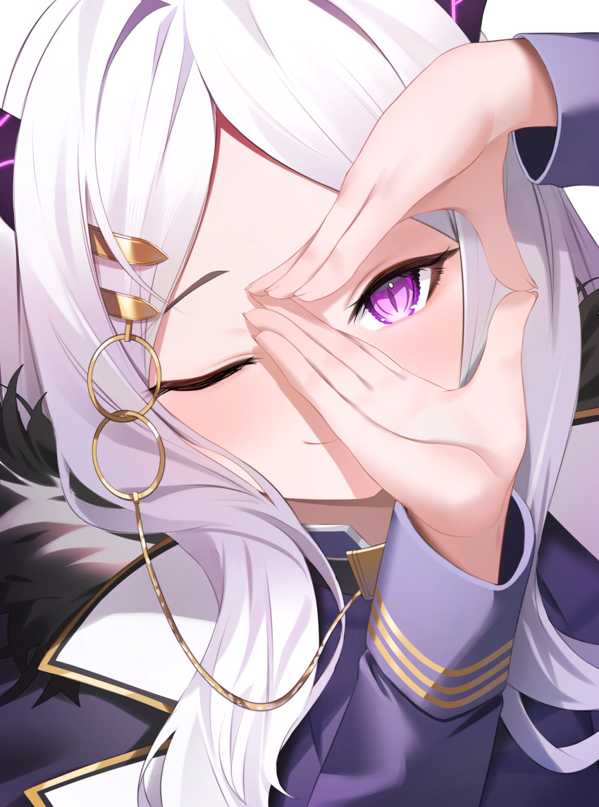 1girl absurdres blue_archive close-up closed_mouth demon_girl demon_horns fur_collar highres hina_(blue_archive) horns jacket looking_at_viewer one_eye_closed purple_eyes purple_jacket shuvi_(shuvi1125) smile solo white_hair