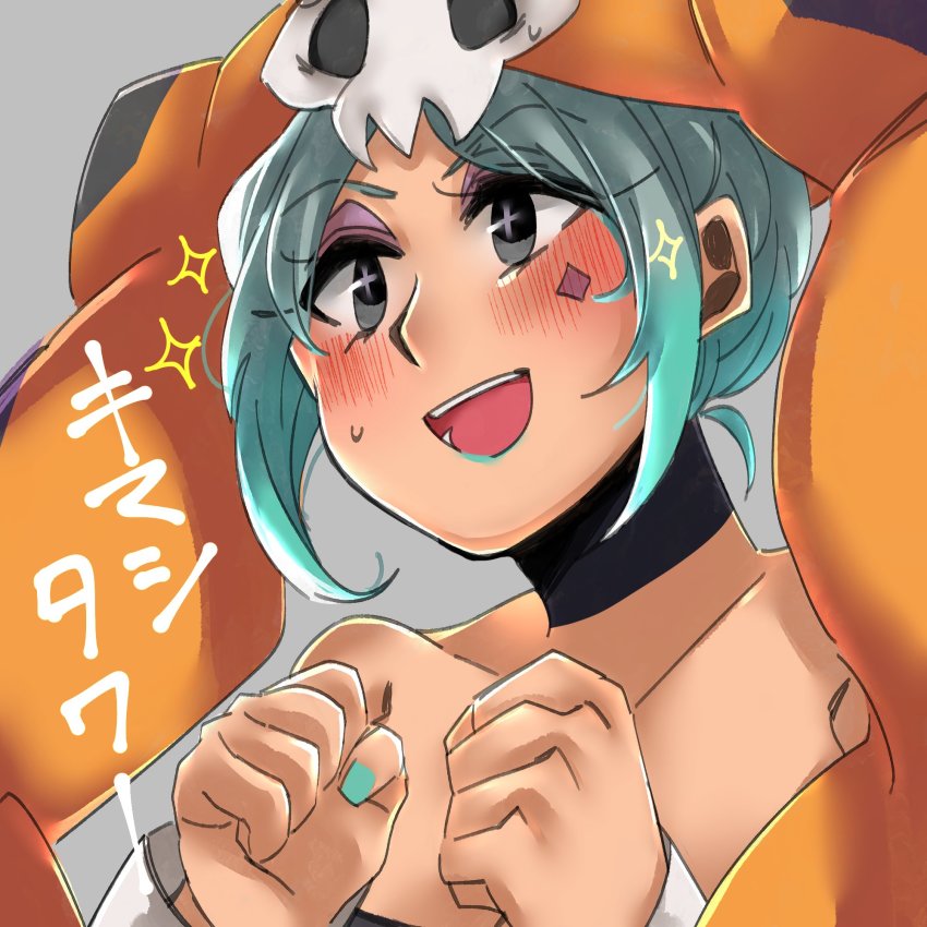 1girl aqua_hair blush cerebella_(skullgirls) choker eyeshadow green_lips green_nails grey_background own_hands_clasped hands_up highres makeup nail_polish open_mouth own_hands_together sabi sidelocks skullgirls smile solo sparkle upper_body vice-versa_(skullgirls)