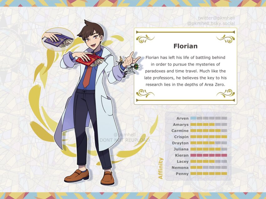 1boy :d aged_up black_pants blue_shirt book bright_pupils brown_eyes brown_hair brown_shoes character_name coat commentary english_text fang florian_(pokemon) full_body gen_6_pokemon highres holding holding_book klefki looking_at_viewer male_focus necktie nintendo open_clothes open_coat open_mouth pants pokemon pokemon_(creature) pokemon_sv red_necktie shirt shoes short_hair smile solo standing submashell tongue twitter_username white_pupils