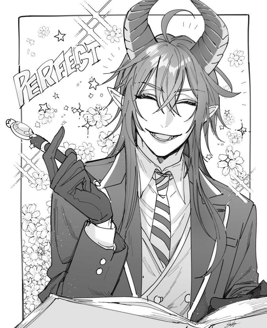 1boy ^_^ absurdres ahoge blazer book closed_eyes collared_shirt diagonal-striped_clothes diagonal-striped_necktie dragon_horns english_text fangs flower gloves greyscale grin hair_between_eyes happy_aura highres horns inset_border jacket lapels leather leather_gloves long_hair long_sleeves male_focus malleus_draconia monochrome necktie night_raven_college_uniform notched_lapels pen pointy_ears ryousuke_(tukr5384) school_uniform shirt smile solo sparkle star_(symbol) striped_clothes twisted_wonderland upper_body vest waistcoat wand