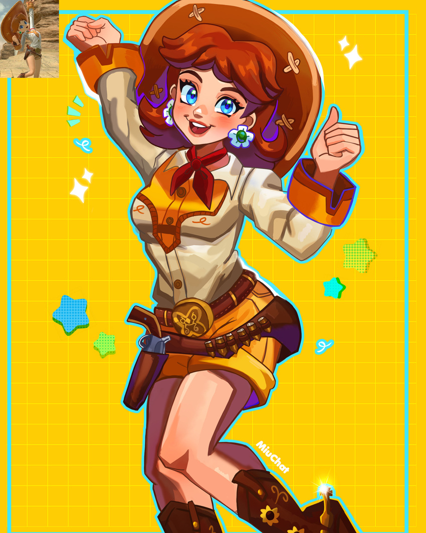 1girl absurdres arm_up artist_name belt blue_eyes boots brown_hair cowboy_boots cowboy_hat earrings flower_earrings game_screenshot_inset hat highres jewelry long_hair mario_(series) miuchat_cat nintendo open_mouth orange_background orange_shorts princess_daisy shorts smile super_smash_bros.