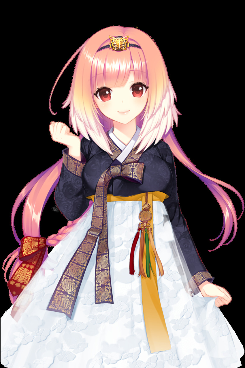 1girl braid breasts butterfly_hair_ornament hair_ornament hanbok hand_up highres korean_clothes long_hair looking_at_viewer medium_breasts official_art pink_hair red_eyes ribbon selena_(soccer_spirits) shirahane_nao soccer_spirits transparent_background