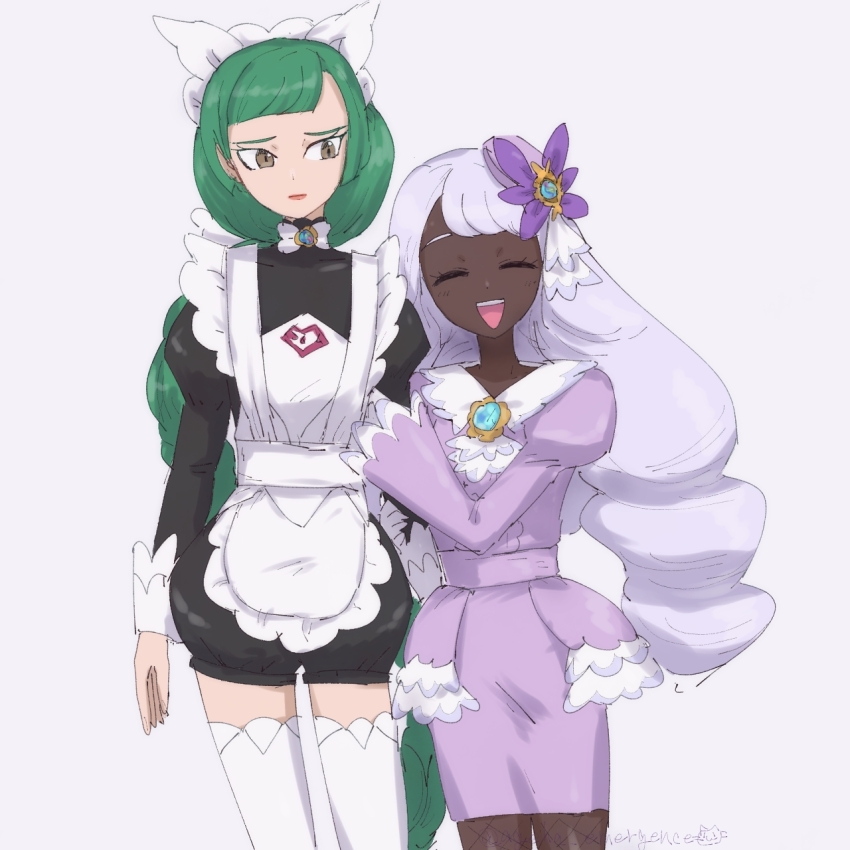 2girls apron ascot black_romper blunt_bangs bow bowtie braid braided_ponytail closed_eyes closed_mouth dark-skinned_female dark_skin dress fascinator frilled_ascot frills gloves green_hair hair_ornament highres holding_another&#039;s_arm jacinthe_(pokemon) juliet_sleeves kitsune_neko_tsuu lebanne_(pokemon) long_braid long_hair long_sleeves low_drills maid maid_apron maid_headdress master_and_servant mega_stone multiple_girls nintendo open_mouth pokemon pokemon_legends:_z-a puffy_sleeves purple_dress purple_hair romper simple_background smile teeth thighhighs tsurime upper_teeth_only very_dark_skin white_bow white_bowtie white_gloves white_thighhighs
