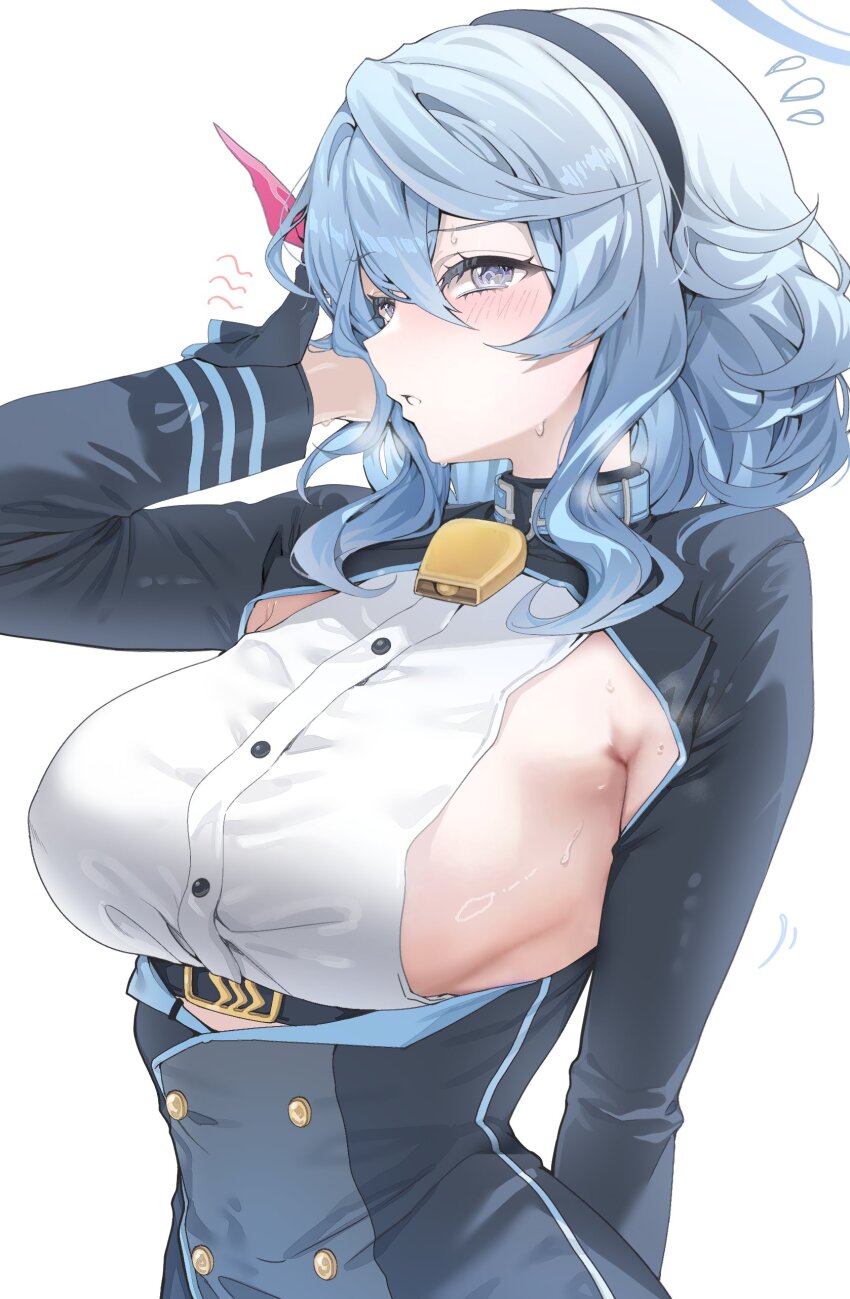1girl ako_(blue_archive) black_jacket blue_archive blue_eyes blue_hair blue_halo blush breasts choker hairband halo jacket laseri looking_at_viewer neck_bell shirt short_hair sideboob solo sweatdrop twitter upper_body white_shirt