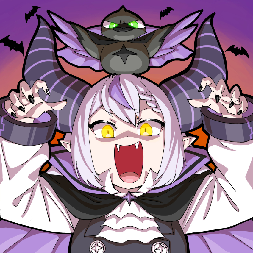 animal animal_on_head ascot bat_(animal) bird bird_on_head black_nails black_vest cloak commentary crow_(la+_darknesss) demon_horns english_commentary fangs forest_1988 glowing glowing_eyes gradient_background halloween hands_up highres hololive holox horns la+_darknesss long_sleeves looking_at_viewer on_head open_mouth partially_shaded_face pointy_ears purple_cloak purple_hair shirt short_hair simple_background spread_wings straight-on upper_body vampire_costume vest virtual_youtuber white_ascot white_shirt yellow_eyes
