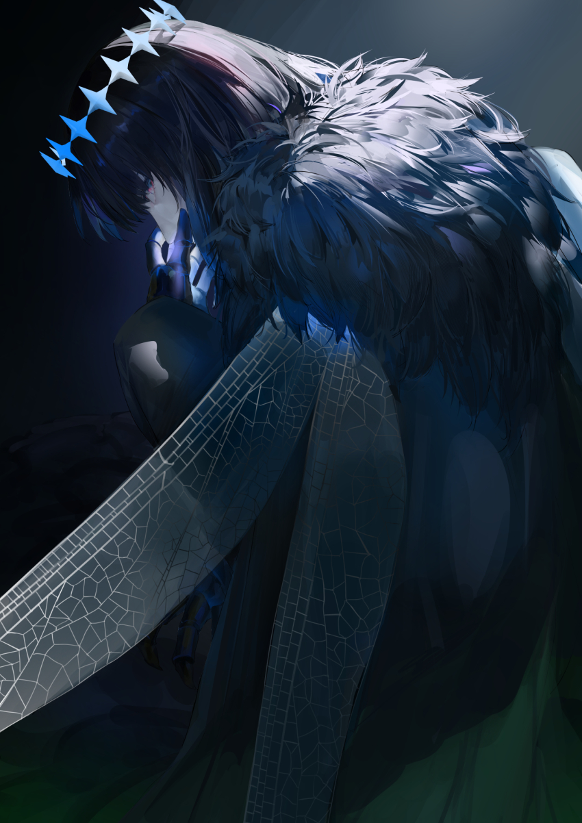 1boy arthropod_boy arthropod_limbs black_hair blazpu blue_eyes cape crown diamond_hairband dragonfly_wings fate/grand_order fate_(series) fur-trimmed_cape fur_trim hand_on_own_face highres insect_wings long_sleeves looking_at_viewer male_focus medium_hair oberon_(fate) oberon_(third_ascension)_(fate) solo wings