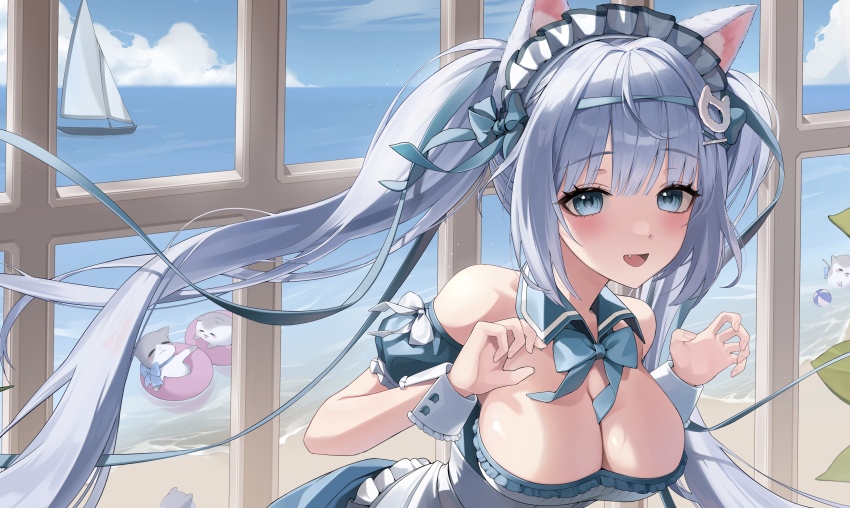 1girl absurdres animal_ears apron arm_garter beach blue_bow blue_bowtie blue_collar blue_dress blue_eyes bow bowtie breasts cat_ears character_request cleavage cloud collar copyright_request detached_collar dress fang grey_hair hair_ornament highres maid maid_headdress myao_(myaodayone) ocean open_mouth sky swim_ring twintails virtual_youtuber white_apron white_bow white_wrist_cuffs wrist_cuffs yacht