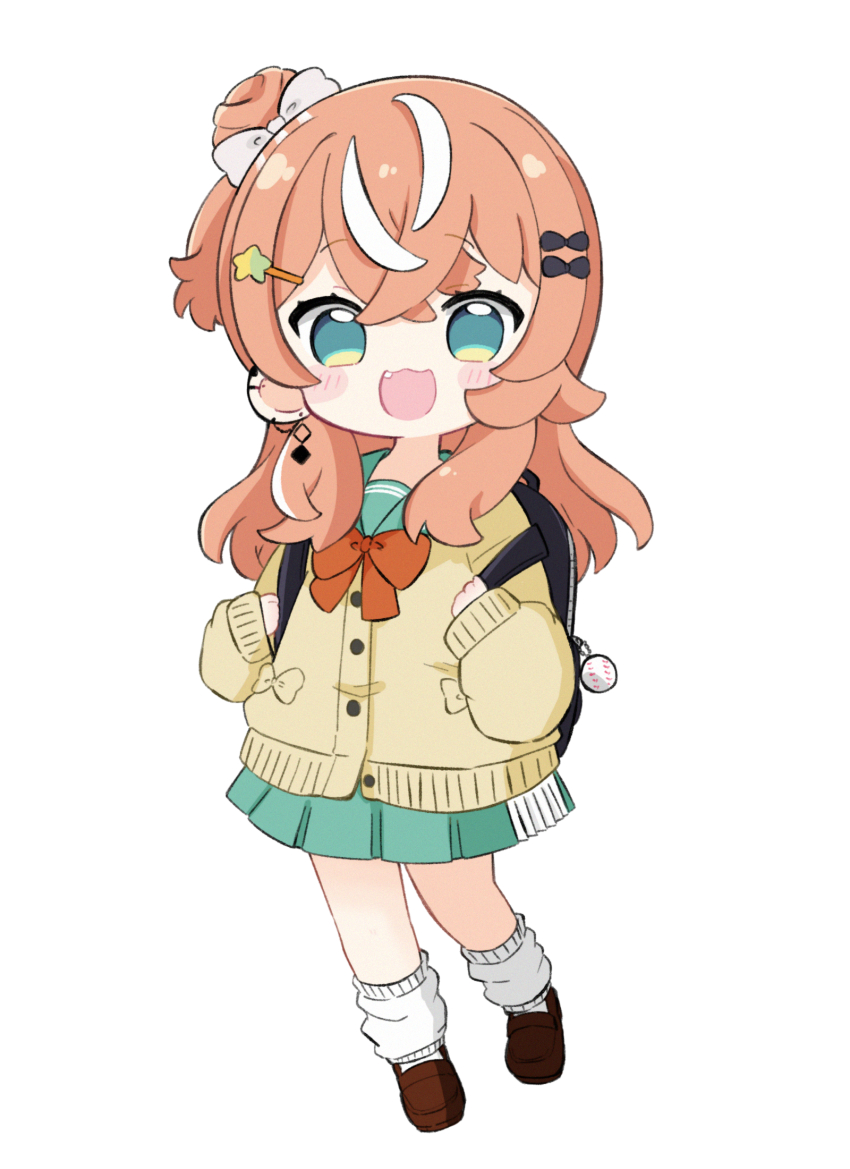 1girl :d backpack bag black_bow blue_eyes blue_sailor_collar blue_skirt blush_stickers bow brown_cardigan brown_hair brown_shoes cardigan chibi commentary earrings fang full_body hair_between_eyes hair_bow hair_bun hair_ornament hairclip highres holding_strap igarashi_rika jewelry loafers long_hair long_sleeves looking_at_viewer loose_socks multicolored_hair nijisanji nozo_(hitomiz) one_side_up open_mouth pleated_skirt puffy_long_sleeves puffy_sleeves red_bow sailor_collar school_uniform serafuku shoes simple_background single_side_bun skirt sleeves_past_wrists smile socks solo standing standing_on_one_leg star_(symbol) star_hair_ornament streaked_hair virtual_youtuber white_background white_bow white_hair white_socks