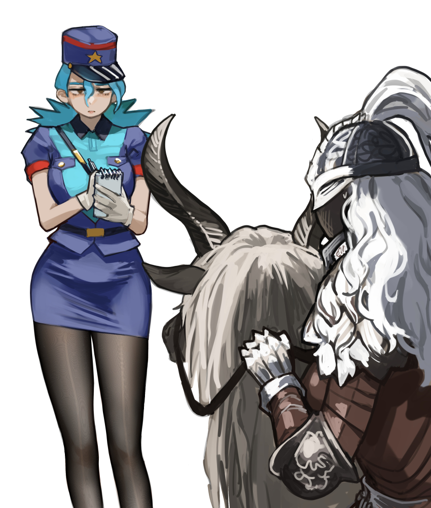 2girls absurdres armor black_pantyhose brown_eyes commentary_request crossover elden_ring fromsoftware frown gloves green_hair hat highres holding holding_pen jenny_(pokemon) legs long_hair miao_jiangyou miniskirt multiple_girls nintendo notebook pantyhose pen pokemon police police_hat police_uniform policewoman shirt short_sleeves simple_background skirt tarnished_(elden_ring) white_gloves
