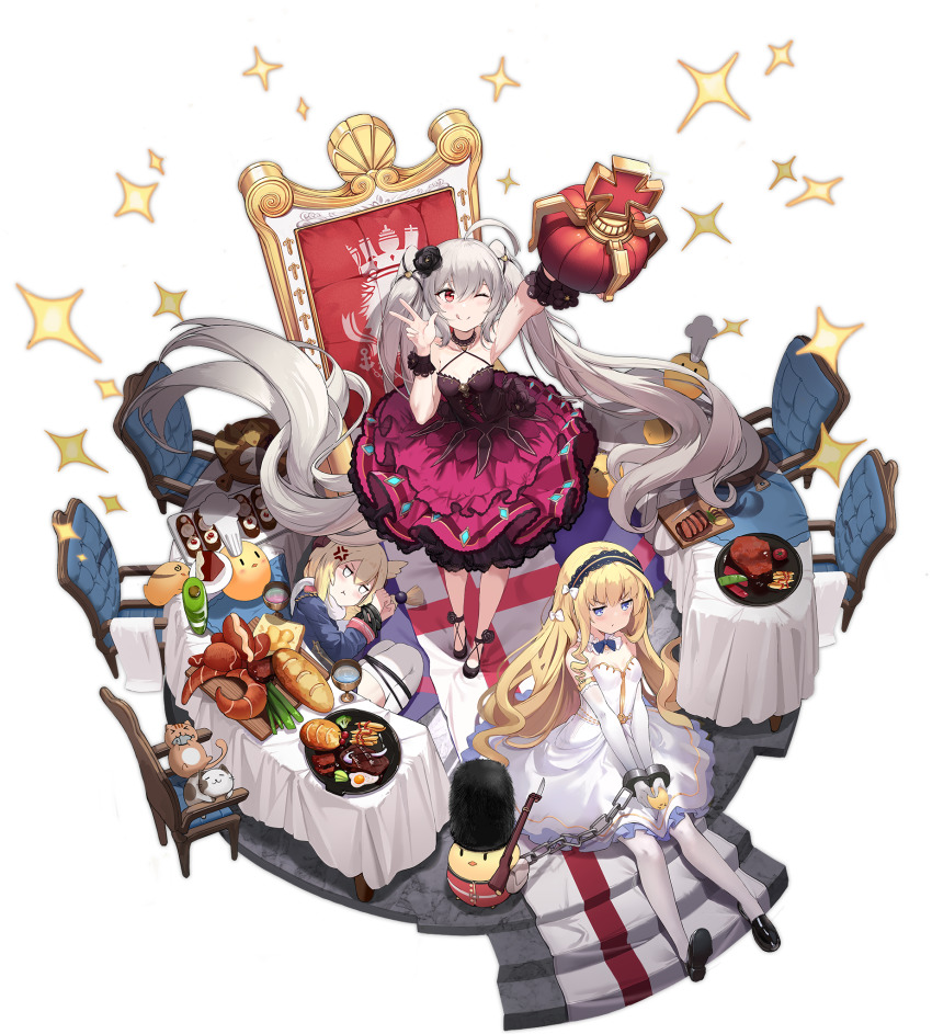 3girls ;q absurdly_long_hair alisa_(kuro_no_sakura) anger_vein artist_request azur_lane bare_shoulders black_flower black_footwear black_hairband blonde_hair blue_eyes blue_jacket bound bound_legs bound_wrists chair check_artist crown detached_collar detached_sleeves dress evening_gown multiple_expressions flat_chest flower food frilled_dress frills from_above gold_trim hair_flower hair_ornament hairband highres holding holding_crown jacket layered_dress long_hair manjuu_(azur_lane) multiple_girls official_alternate_costume official_art one_eye_closed queen_elizabeth_(azur_lane) queen_elizabeth_(the_queen&#039;s_ball)_(azur_lane) red_dress red_eyes sleeveless sleeveless_dress thighhighs tongue tongue_out transparent_background twintails valiant_(azur_lane) valiant_(queen_valiant_i)_(azur_lane) very_long_hair warspite_(azur_lane) white_legwear