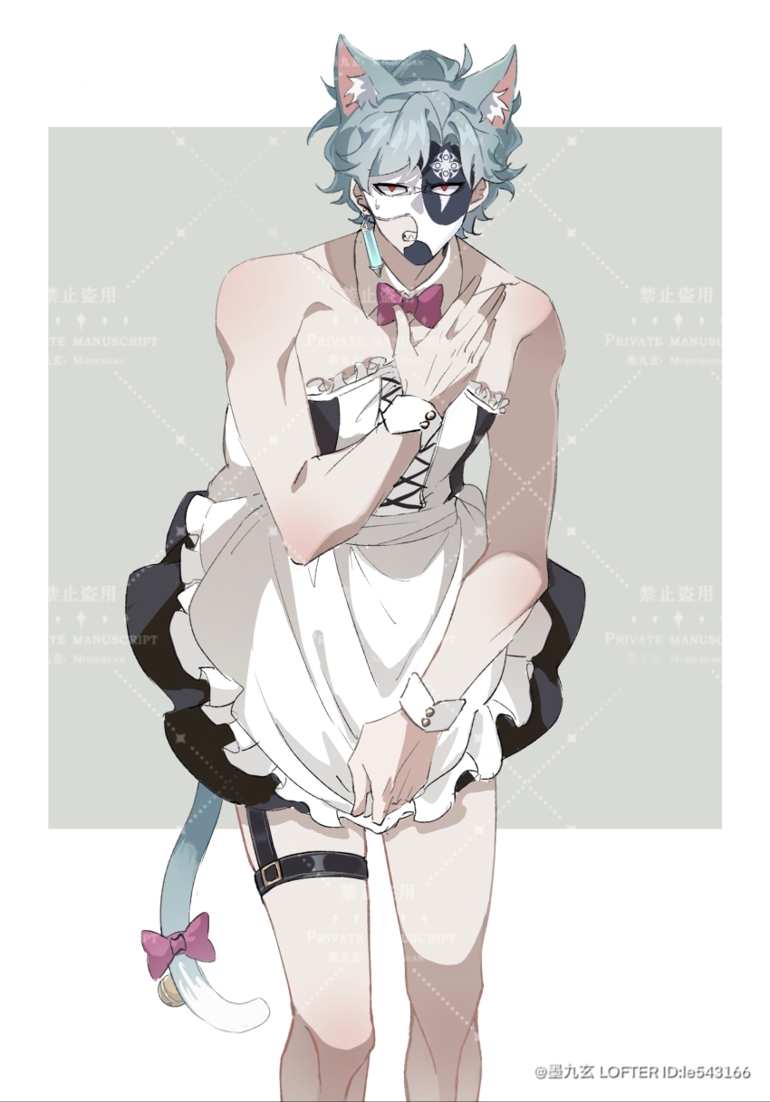 1boy absurdres ahoge animal_ear_fluff animal_ears apron artist_name bare_shoulders bell black_dress blue_hair bow bowtie cat_boy cat_ears cat_tail chinese_commentary clenched_teeth commentary_request crossdressing detached_collar dottore_(genshin_impact) dottore_(manga)_(genshin_impact) dress earrings frilled_apron frilled_dress frills genshin_impact grey_background hand_up highres jewelry jingle_bell lofter_username looking_at_viewer male_focus mask mojiuxuan parted_bangs pink_bow pink_bowtie pleated_dress red_eyes sharp_teeth short_dress short_hair simple_background single_earring solo standing strapless strapless_dress tail tail_bell tail_bow tail_ornament teeth thigh_strap two-tone_background watermark watermark_grid white_apron white_background wing_collar wrist_cuffs