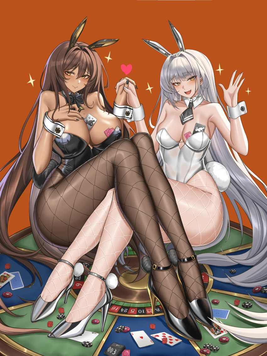 777_(nikke) absurdres animal_ear_headwear animal_ears ascot backless_leotard bare_shoulders between_breasts black_ascot black_bow black_bowtie black_leotard blanc_(nikke) blush bow bowtie breasts brown_hair card casino condom condom_in_mouth dark-skinned_female dark_skin detached_collar dice fake_animal_ears fake_tail fishnet_pantyhose fishnets goddess_of_victory:_nikke highleg highleg_leotard highres large_breasts legs leotard long_hair looking_at_viewer mouth_hold multiple_girls noir_(nikke) on_table open_mouth pantyhose playboy_bunny playing_card poker_chip rabbit_ears rabbit_tail roulette roulette_table sitting strapless strapless_leotard table tail toe_cleavage very_long_hair white_hair white_leotard wrist_cuffs yellow_eyes yijie_xianyu