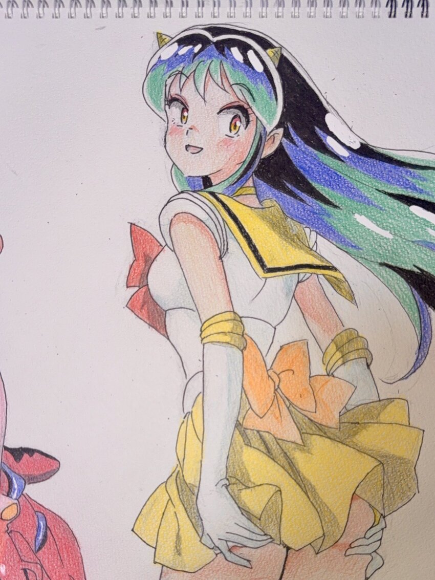 back_bow bishoujo_senshi_sailor_moon bow bowtie colored_pencil_(medium) cone_horns crossover elbow_gloves from_behind gloves green_hair hands_on_own_ass highres horns long_hair looking_at_viewer looking_back lum magical_girl miniskirt open_mouth orange_bow pointy_ears red_bow red_bowtie sailor_collar sailor_senshi_uniform skirt tomo_okame0106 traditional_media unofficial_sailor_senshi_uniform urusei_yatsura white_gloves yellow_sailor_collar yellow_skirt