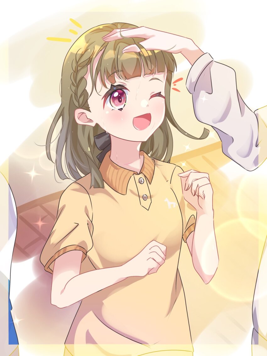 1girl 1other ;d alternate_costume bishie_sparkle blunt_bangs border braid brown_hair center-flap_bangs check_commentary clenched_hands collared_shirt commentary_request hands_up headpat highres kachimachi_kosuzu kachimachi_kosuzu_(summer_training_wear) link!_like!_love_live! long_hair love_live! notice_lines one_eye_closed open_mouth out_of_frame pink_eyes polo_shirt sakari_(pear_8_ll) shirt short_sleeves side_braids smile solo_focus sparkle straight_hair sweat transparent_border upper_body virtual_youtuber yellow_shirt