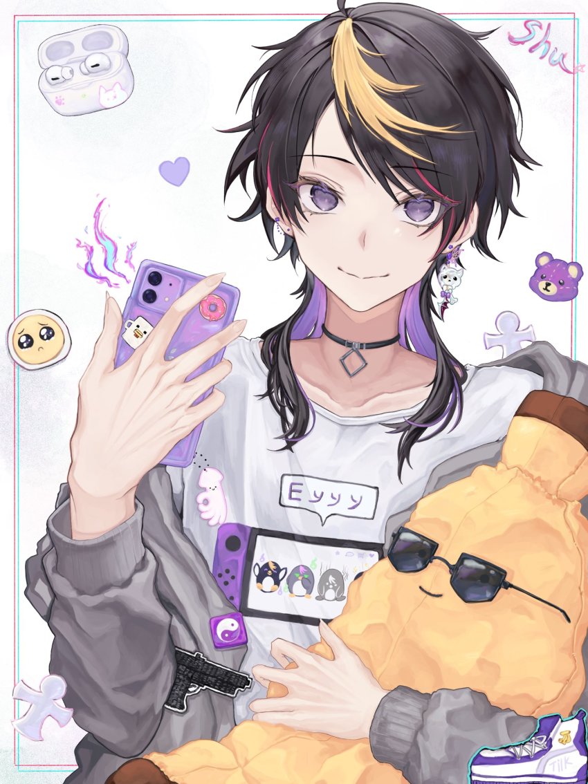 1boy bear black_choker black_hair blonde_hair border cellphone character_name chicken_(minecraft) choker closed_mouth collarbone commentary donut earbuds earbuds_charging_case earphones earrings emoji eyelashes food grey_background grey_jacket gun hand_up handgun heart highres holding holding_phone holding_stuffed_toy jacket jewelry long_hair long_sleeves looking_at_viewer male_focus minecraft multicolored_hair nijisanji nijisanji_en nintendo_switch off_shoulder open_clothes open_jacket parted_bangs phone pink_hair print_shirt purple_eyes purple_hair shirt shoes shu_yamino sidelocks single_earring smartphone smile sneakers solo sticker streaked_hair stuffed_banana stuffed_toy sunglasses swept_bangs toqha3247 upper_body virtual_youtuber weapon white_shirt wireless_earphones yaminion_(shu_yamino) yin_yang