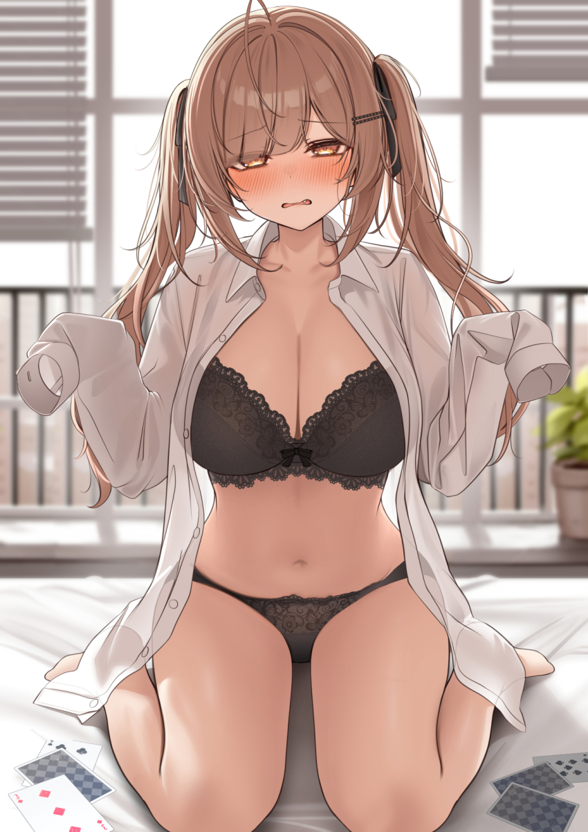1girl black_bra black_panties black_ribbon blush bra breasts brown_eyes brown_hair cleavage collared_shirt commentary_request hair_ribbon highres imouto-chan_(monaka_curl) large_breasts long_hair monaka_curl open_clothes open_shirt original panties ribbon shirt sitting sleeves_past_fingers sleeves_past_wrists solo twintails underwear white_shirt yellow_eyes