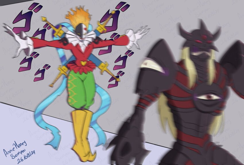 absurdres blonde_hair blurry dated digimon digimon_(creature) duskmon highres jojo_no_kimyou_na_bouken meme piemon red_eyes scared signature t-pose watermark watermark_grid