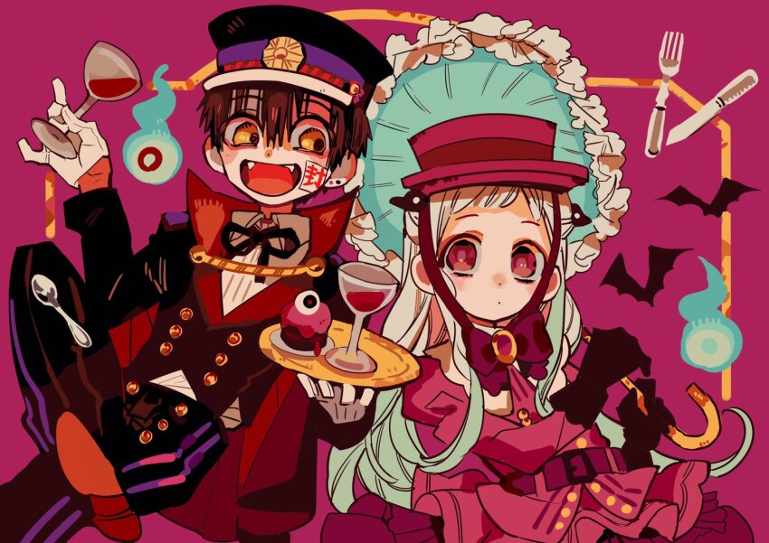 1boy 1girl alternate_costume chin_strap crossed_legs cup drinking_glass gloves hanako_(jibaku_shounen_hanako-kun) hanoyuta hat holding holding_cup holding_tray holding_umbrella invisible_chair jibaku_shounen_hanako-kun long_sleeves official_art parasol side-by-side sitting tray umbrella wine_glass yashiro_nene