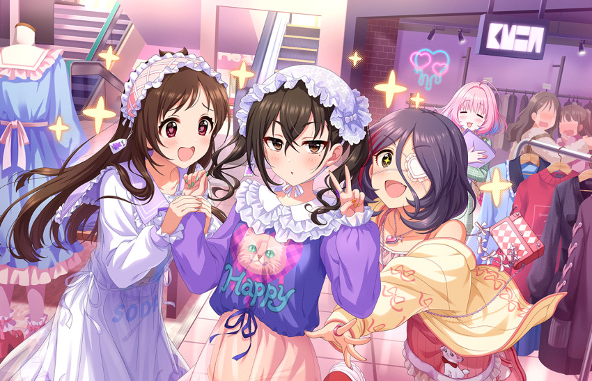 6+girls ahoge bag blouse blue_hair blush brick_wall brown_eyes brown_hair cat ceiling_light closed_eyes clothes_hanger crying dress english_text escalator eyepatch faceless fang frilled_shirt_collar frills game_cg grabbing_another&#039;s_arm green_eyes handbag hat hayasaka_mirei headdress heart heart-shaped_pupils high_heels holding idolmaster idolmaster_cinderella_girls idolmaster_cinderella_girls_starlight_stage jacket jewelry leaning_forward mannequin mob_cap multicolored_hair multiple_girls nail_polish necklace neon_sign off_shoulder official_art pink_hair ponytail print_shirt purple_hair railing reaching red_eyes red_hair ring sailor_collar shirt sparkling_eyes stairs star_(symbol) sunazuka_akira symbol-shaped_pupils tag tile_floor tiles tsujino_akari twintails unworn_clothes v yumemi_riamu