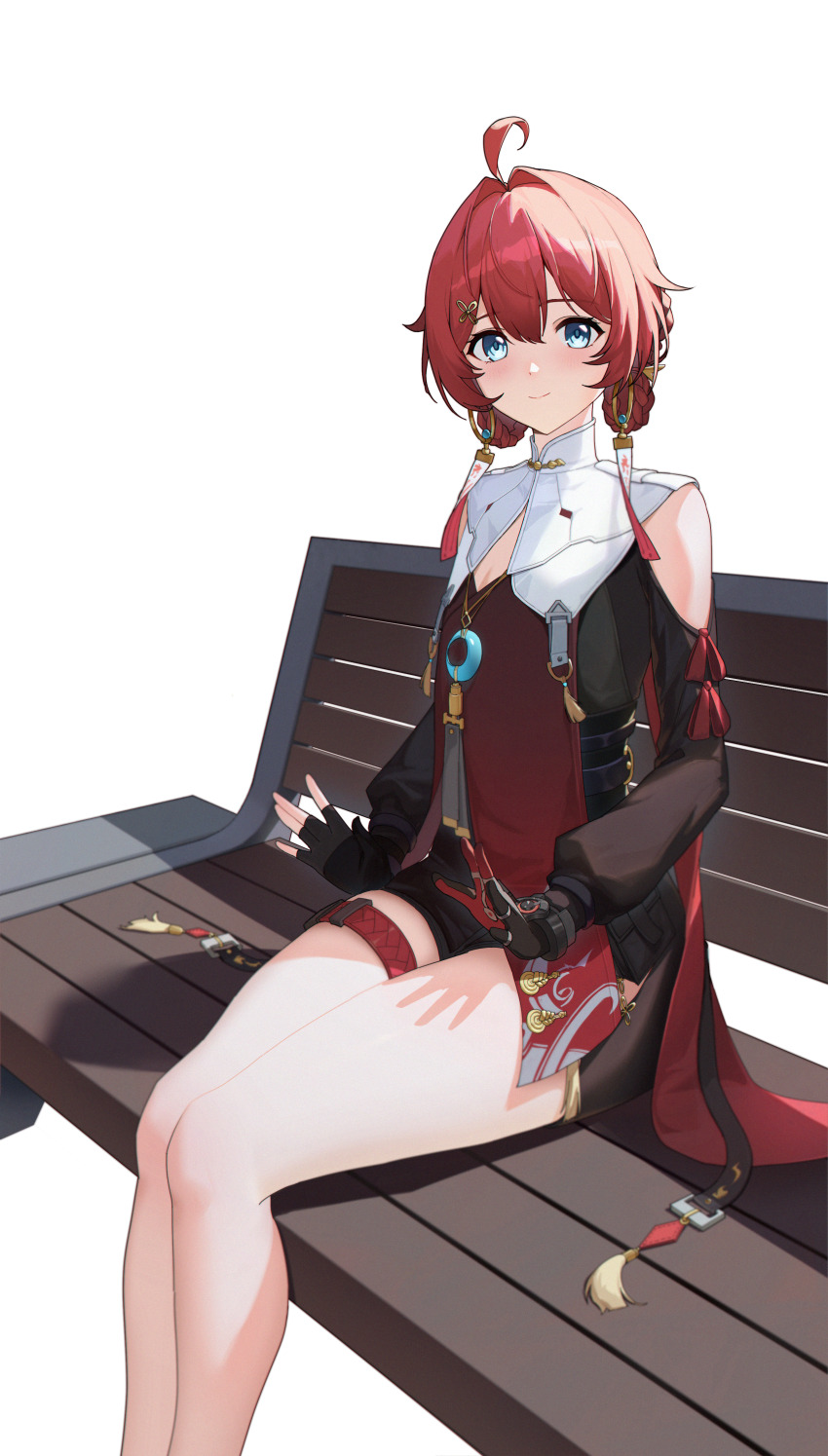 1girl absurdres ahoge black_bodysuit black_gloves blue_eyes bodysuit breasts chinese_commentary cleavage closed_mouth clothing_cutout collar commentary_request danjin_(wuthering_waves) earrings fingerless_gloves folded_braid gloves hair_intakes highres hoop_earrings jewelry jiangchuan_ling_yu_nai long_sleeves on_bench red_hair red_tabard shoulder_cutout single_fingerless_glove sitting small_breasts smile solo tabard thigh_strap white_collar wuthering_waves