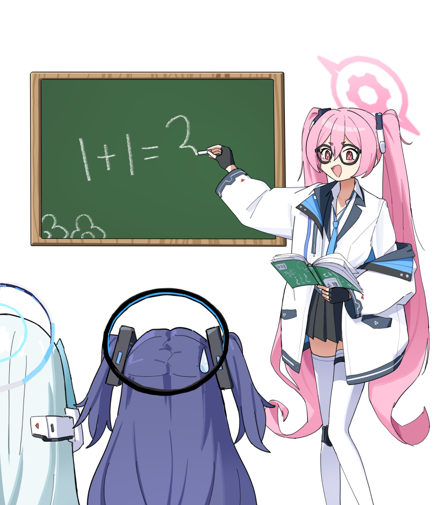 +_+ 3girls absurdres adon_(dufaladanidu) black_gloves black_halo black_skirt blue_archive blue_necktie book chalk chalkboard fingerless_gloves glasses gloves halo highres holding holding_book holding_chalk jacket koyuki_(blue_archive) long_hair long_sleeves multiple_girls necktie noa_(blue_archive) open_book open_clothes open_jacket open_mouth pink_eyes pink_hair pleated_skirt purple_hair shirt single_off_shoulder skirt smile standing sweatdrop thighhighs twintails two_side_up very_long_hair white_hair white_jacket white_shirt white_thighhighs wide_sleeves yuuka_(blue_archive)