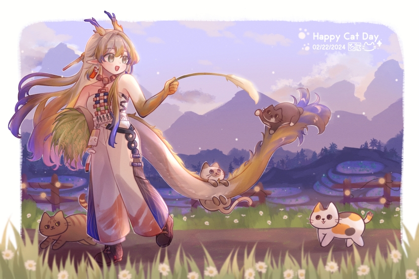 1girl 4others absurdres animal_ears arknights bare_shoulders bead_necklace beads blonde_hair breasts brooch cat_ears cat_tail collarbone dragon_girl dragon_horns dragon_tail earrings eastern_dragon_horns eastern_dragon_tail following full_body green_eyes haaiiro hair_between_eyes highres holding horns jewelry long_hair medium_breasts multiple_others necklace open_mouth pointy_ears shirt shu_(arknights) smile strapless strapless_shirt tail tassel tassel_earrings