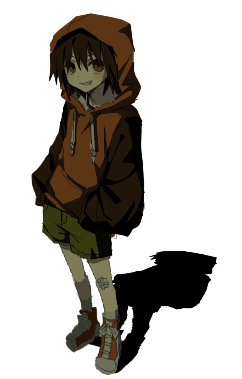 1boy bandaid brown_eyes brown_hair brown_hoodie debakshotgun0 full_body green_shorts grin gwak_jun-hyeong hands_in_pockets highres hood hood_up hoodie long_sleeves looking_at_viewer male_focus orange_hoodie shadow shoes short_hair shorts simple_background smile sneakers socks solo standing white_background zombie_high_school