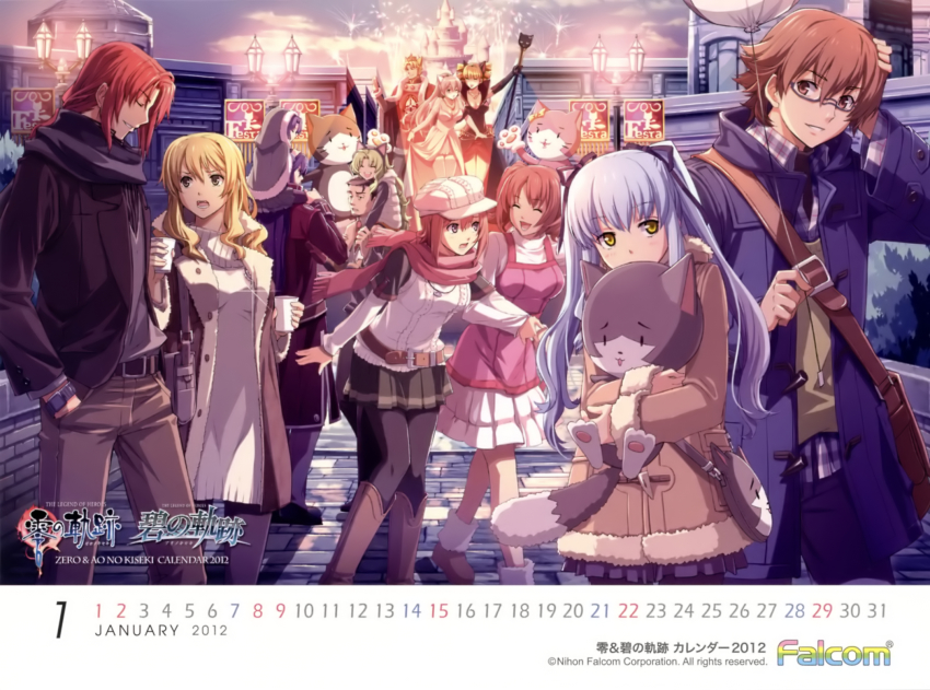 10s 2012 4boys 6+girls arios_maclaine belt blonde_hair blue_hair brown_hair calendar carrying castle character_request coat company_name copyright_name eiyuu_densetsu enami_katsumi falcom fran_seeker green_hair highres hood january kea kea_(eiyuu_densetsu) lloyd_bannings long_hair mireille_(eiyuu_densetsu) multiple_boys multiple_girls noel_seeker official_art official_wallpaper piggyback randolph_orlando red_hair scarf sergei_lou shizuku_maclaine tio_plato winter zero_no_kiseki