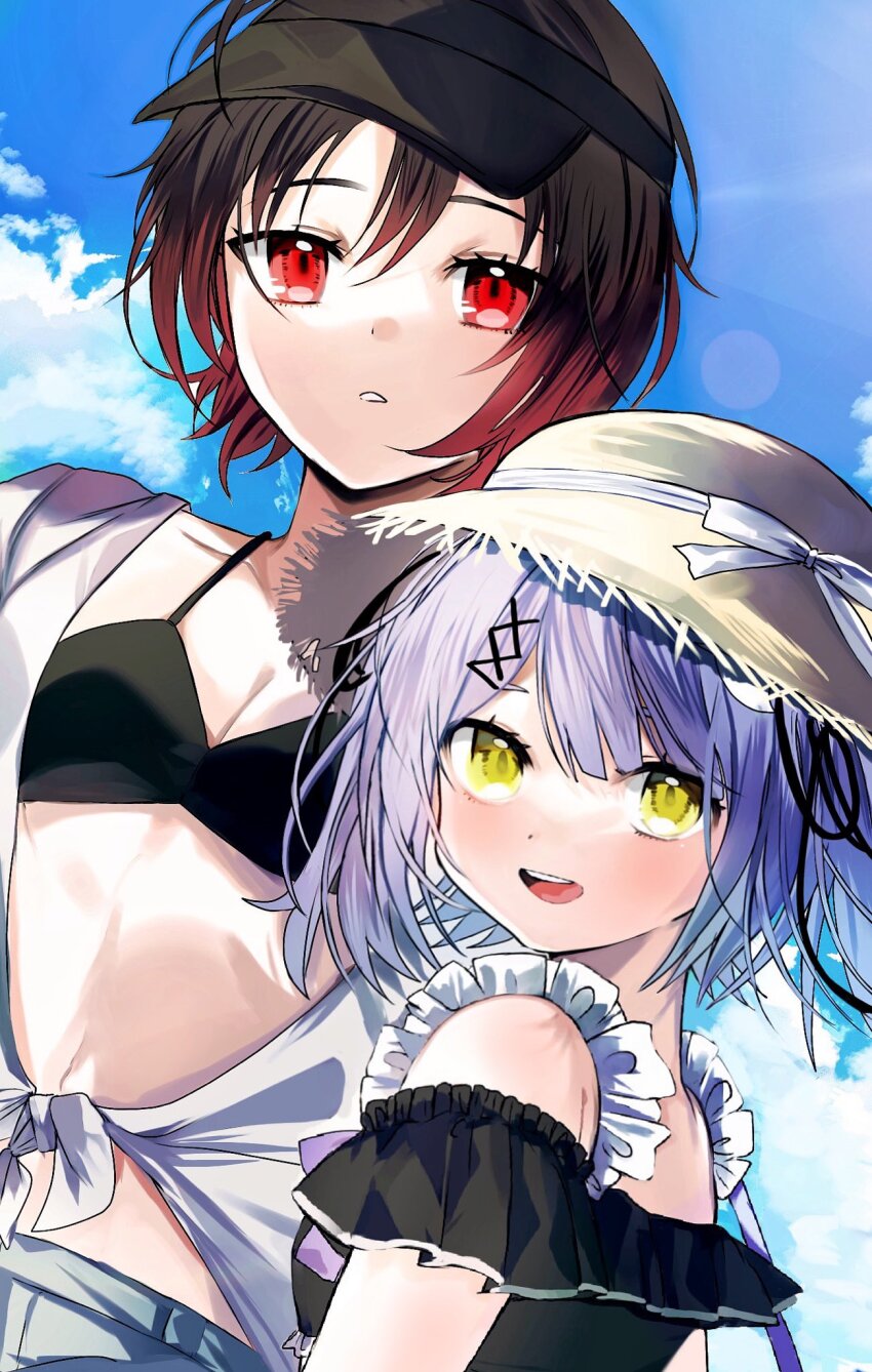 2girls bikini black_hair blue_sky breasts cloud dow_suitable frilled_bikini frills gradient_hair hair_between_eyes hair_ornament hair_ribbon hat highres kisaragi_ren_(summer_c102) kisaragi_ren_(vtuber) midriff multicolored_hair multiple_girls off-shoulder_bikini off_shoulder open_mouth parted_bangs parted_lips purple_hair red_eyes red_hair ribbon shinomiya_runa shinomiya_runa_(summer_c102) shirt short_hair sky small_breasts straw_hat swimsuit teeth tied_shirt two_side_up upper_body upper_teeth_only virtual_youtuber visor_cap vspo! x_hair_ornament yellow_eyes
