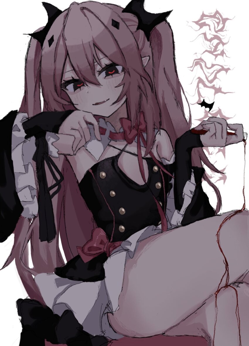 1girl bare_shoulders blood bow double-parted_bangs flat_chest hair_between_eyes hair_ornament halterneck highres holding holding_test_tube krul_tepes leg_over_thigh long_hair looking_at_viewer owari_no_seraph pink_hair pointy_ears red_bow red_eyes sitting sleeves_past_wrists smile solo test_tube uxvqx vampire very_long_hair white_background