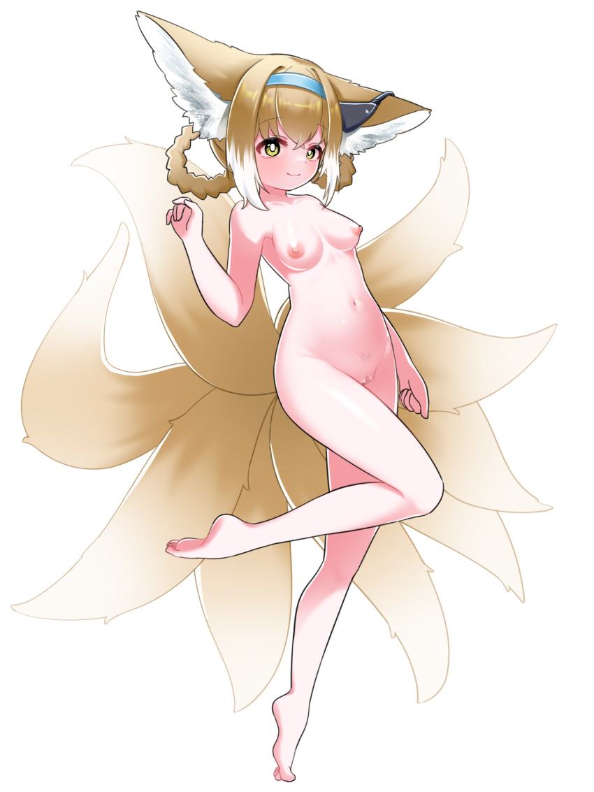 1girl animal_ears arknights blonde_hair breasts censored cleft_of_venus completely_nude female_pubic_hair fox_ears fox_tail fukai_(fukai0224) full_body hand_up highres leg_up looking_at_viewer mosaic_censoring multiple_tails nipples nude pubic_hair pussy simple_background smile solo standing standing_on_one_leg suzuran_(arknights) tail white_background yellow_eyes