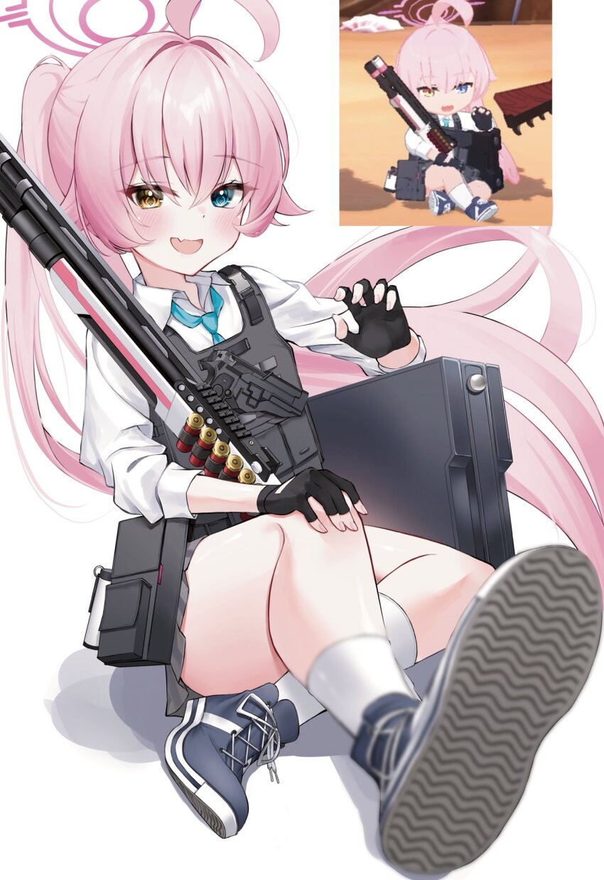 1girl :d ahoge beretta_1301 beretta_92 black_gloves black_shoes blue_archive blue_eyes blue_necktie blurry blush bulletproof_vest claw_pose collared_shirt commentary convenient_leg cross-laced_shoes depth_of_field eyelashes fang fingerless_gloves floating_hair foreshortening full_body gloves grey_skirt gun hair_between_eyes hair_intakes halo hand_up handgun happy heart highres hoshino_(armed)_(blue_archive) hoshino_(blue_archive) indian_style long_hair long_sleeves looking_at_viewer miniskirt necktie official_alternate_costume official_alternate_hairstyle open_mouth photo-referenced pink_halo pleated_skirt ponytail school_uniform shirt shoe_soles shoes shotgun simple_background sitting skin_fang skirt smile sneakers solo thighs very_long_hair weapon wfa5051 white_background white_shirt yellow_eyes