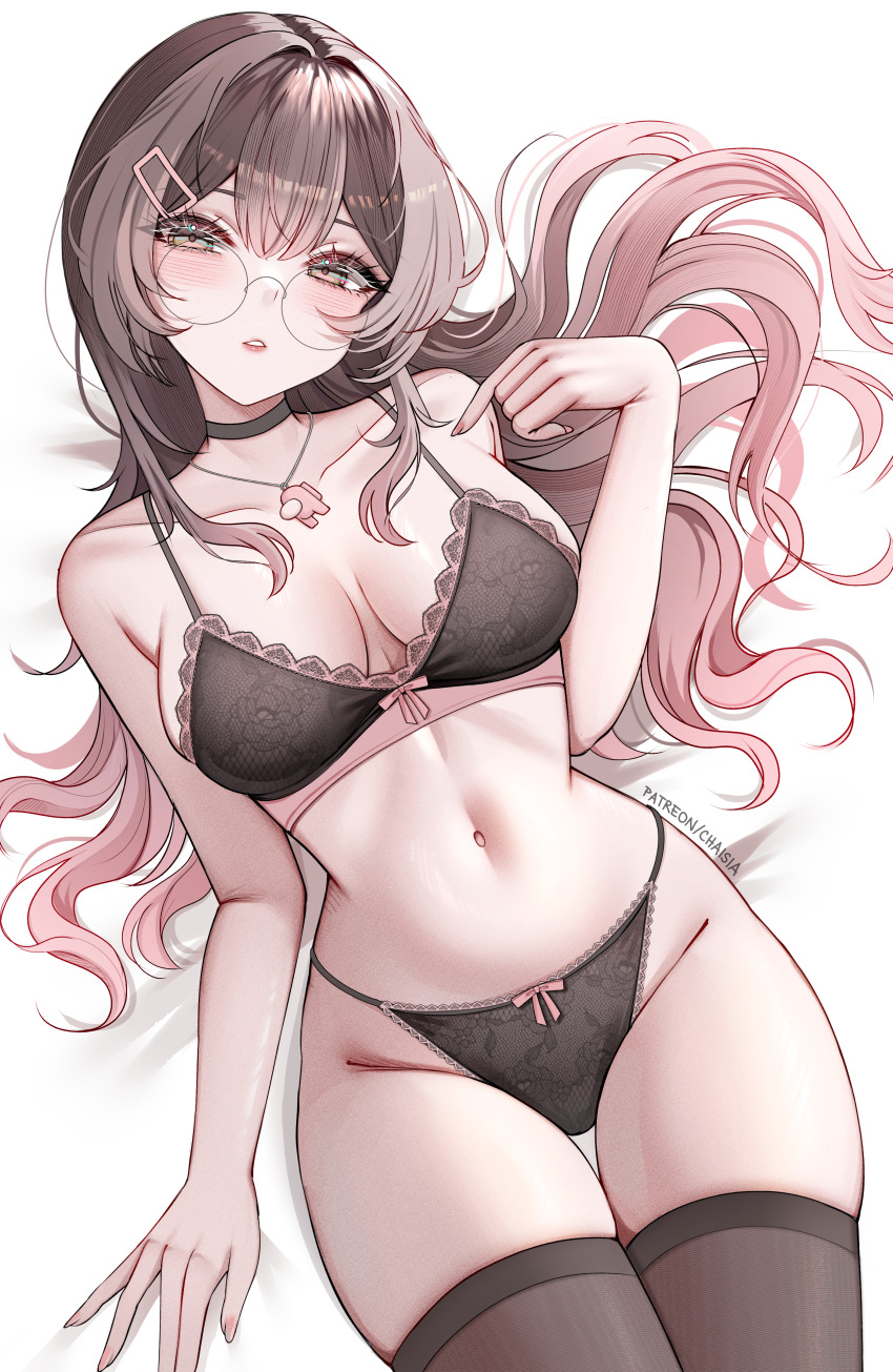 1girl absurdres among_us bare_shoulders black-framed_eyewear black_bra black_choker black_panties black_thighhighs blush bow bow_bra bow_panties bra breasts breasts_apart brown_hair chaisia_art choker collarbone commentary crewmate_(among_us) english_commentary fingernails floral_print floral_print_bra floral_print_panties glasses gradient_hair green_eyes hair_between_eyes hair_ornament hairclip hand_up highres jewelry lace lace-trimmed_bra lace-trimmed_panties lace_trim large_breasts lips long_hair looking_at_viewer lying michi_(chaisia_art) multicolored_hair navel on_back original paid_reward_available panties parted_lips patreon_username pendant pink_hair red_(among_us) round_eyewear solo stomach string_panties thighhighs underwear underwear_only very_long_hair