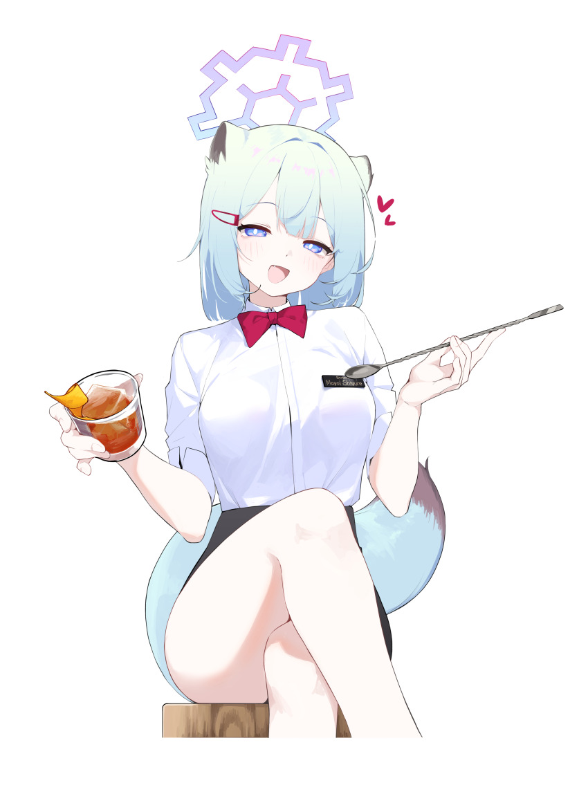 1girl absurdres alternate_costume animal_ears aqua_hair bartender black_skirt blue_archive blue_eyes blue_hair blue_halo blush bow bowtie bright_pupils character_name commentary crossed_legs cup drinking_glass extra_ears fang hair_ornament hairclip halo heart highres holding holding_cup looking_at_viewer miniskirt mona_kkkk name_tag open_mouth pencil_skirt red_bow red_bowtie shigure_(blue_archive) shirt shirt_tucked_in short_hair simple_background sitting skirt smile solo tail weasel_ears weasel_girl weasel_tail white_background white_pupils white_shirt