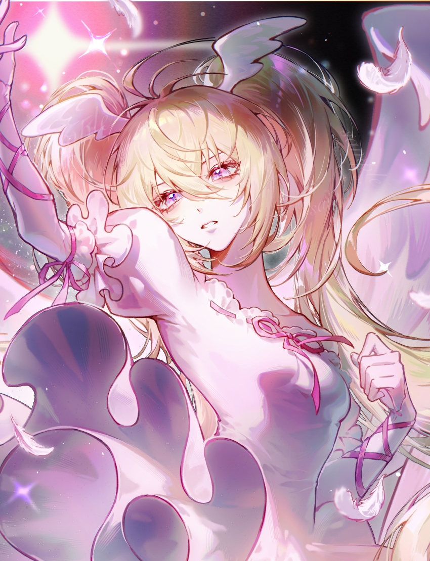 1girl absurdres angel_wings antenna_hair arm_ribbon arm_up blonde_hair breasts chinese_commentary collarbone dress falling_feathers feathered_wings feathers frilled_dress frills hair_between_eyes hand_up head_wings highres holding holding_star hoshina_utau long_hair looking_at_object object_floating_above_hand off-shoulder_dress off_shoulder parted_lips pink_dress pink_ribbon puffy_short_sleeves puffy_sleeves purple_eyes ribbon ribbon-trimmed_dress ribbon_trim seraphic_charm short_dress short_sleeves shugo_chara! single_bare_shoulder small_breasts solo star_(symbol) twintails upper_body very_long_hair white_arm_warmers white_feathers white_wings wings zhumojian