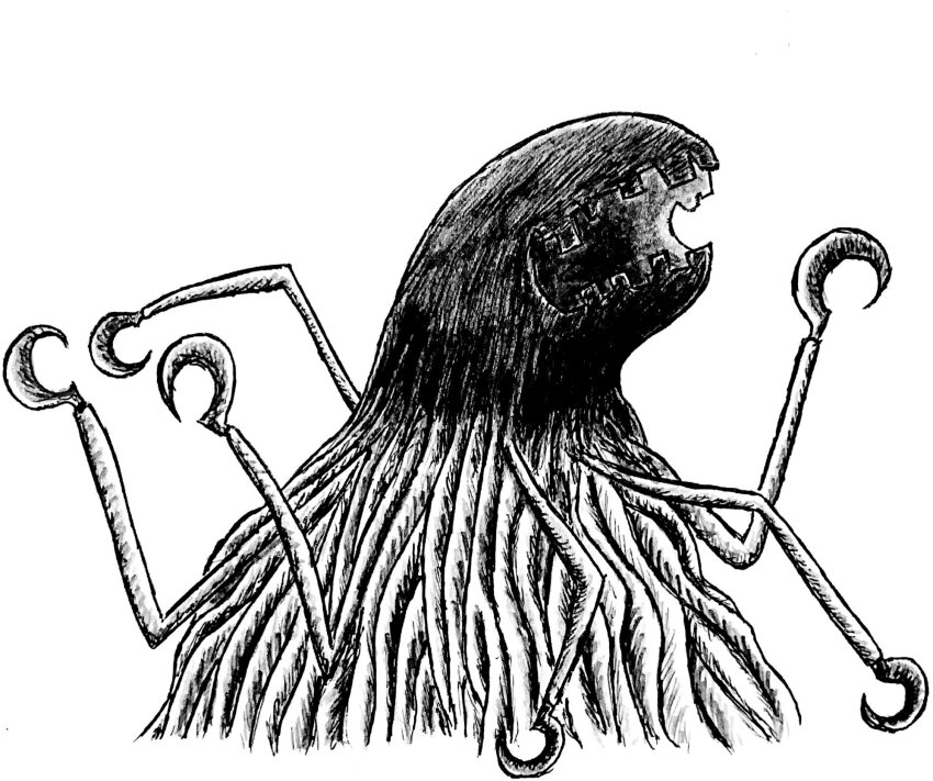 1other creature creepy d-reaper digimon digimon_tamers extra_arms highres horror_(theme) monochrome monster no_eyes reaper_(digimon) scythe simple_background solo tentacles white_background wire