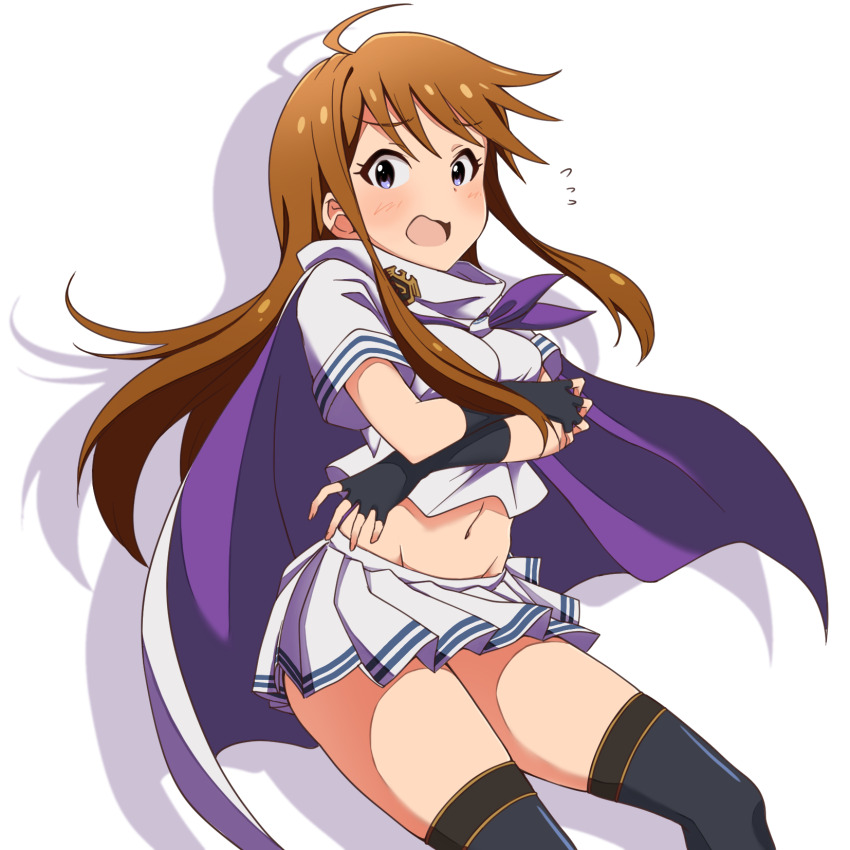 ahoge amulet asanaya black_gloves black_thighhighs brown_hair cloak crop_top embarrassed fingerless_gloves gloves highres idol_heroes_(idolmaster) idolmaster idolmaster_million_live! idolmaster_million_live!_theater_days long_hair mighty_sailor miniskirt navel neckerchief pleated_skirt purple_eyes purple_neckerchief school_uniform serafuku shirt simple_background skirt standing stomach thighhighs tokoro_megumi wavy_mouth white_cloak white_shirt white_skirt