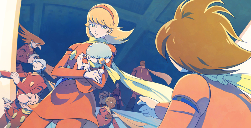 1girl albert_heinrich blonde_hair brown_hair chang_changku coat cyborg cyborg_009 francoise_arnoul geronimo_jr great_britain_(cyborg_009) highres isaac_gilmore ivan_whisky jet_link long_hair pyunma red_coat scarf shimamura_joe short_hair sorges yellow_scarf