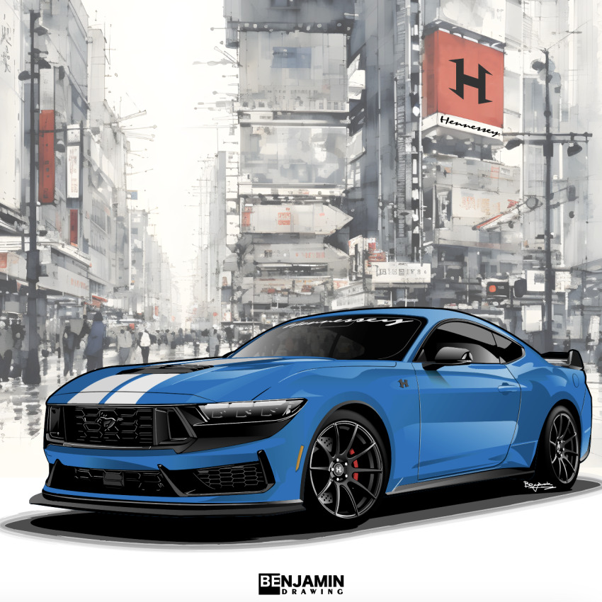 artist_name benjamin_(user_scjv3278) blue_car car city ford ford_mustang ford_mustang_s650 highres motor_vehicle original outdoors people race_vehicle utility_pole