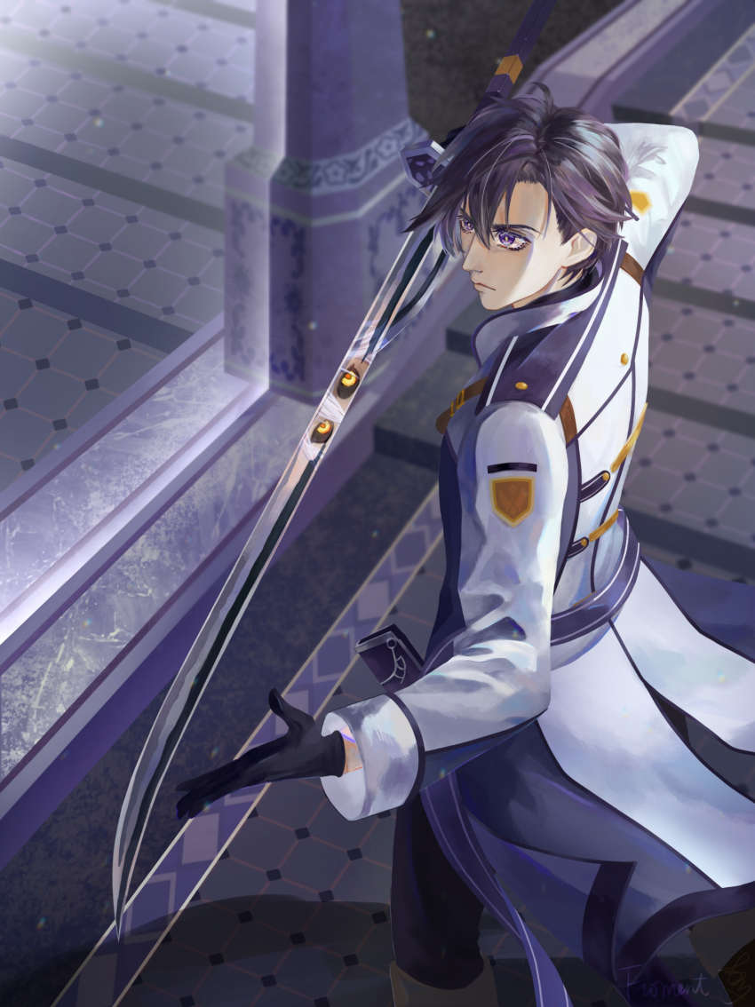 1boy black_gloves black_hair coat commentary curtained_hair eiyuu_densetsu english_commentary froment gloves hair_between_eyes highres holding holding_sword holding_weapon katana mirror parted_bangs purple_eyes rean_schwarzer sen_no_kiseki sen_no_kiseki_(series) sen_no_kiseki_iii sheath short_hair solo sword weapon